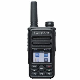 Front view of SWIFTCOM SC-77 4G LTE & WIFI Nationwide Walkie Talkie with LCD display, control buttons, and antenna. The device is designed for reliable communication across large areas, and features advanced 4G LTE and WIFI connectivity, as well as a compact and ergonomic design
