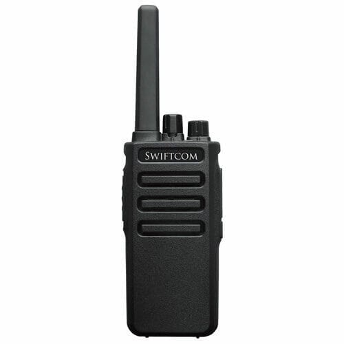 Front view of the SWIFTCOM SC-F1 PMR446 License Free UHF Analog Walkie Talkie with LCD display, control buttons, and antenna. The device is designed for reliable communication over short distances and features a compact and lightweight design, making it easy to use and carry