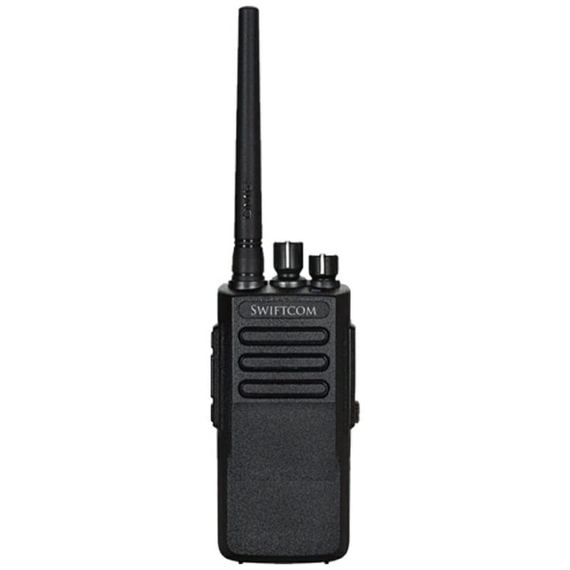 Front view of the SWIFTCOM SC-680 IP67 Waterproof DMR Digital and Analog Walkie Talkie with LCD display, control buttons, and antenna. The device is designed for reliable communication in harsh environments and features a rugged and waterproof construction, making it suitable for outdoor use. It operates on both digital and analog modes and provides clear and efficient communication for various applications