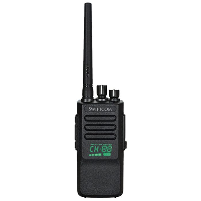 Front view of the SWIFTCOM SC-680D IP67 Waterproof DMR Digital and Analog Walkie Talkie, with a hidden screen, control buttons, and an antenna. The device is designed to provide reliable communication in harsh environments and features a waterproof and durable design, making it ideal for outdoor activities or industrial use