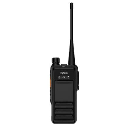 Front view of HYTERA HP708 UL913 Intrinsically Safe DMR Digital and Analog Portable Two-Way Radio with LCD display, control buttons, and antenna. The device is designed for use in hazardous environments and features a rugged, compact, and waterproof construction with advanced digital signal processing technology