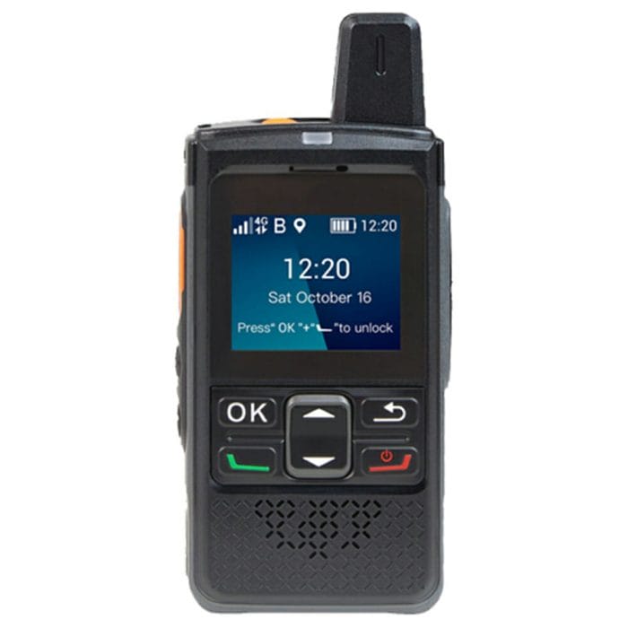 A black and yellow handheld device called the Hytera PNC360S, featuring a screen, keypad, and antenna. It is a 4G LTE and WIFI nationwide PoC walkie-talkie designed for communication in various industries. The device is lightweight and portable, with a rugged and durable build for use in tough environments.